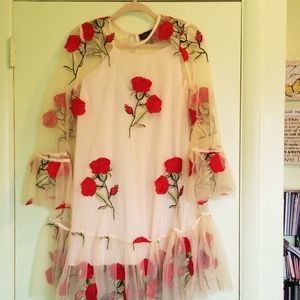 Elegant cream & red floral overlay dress